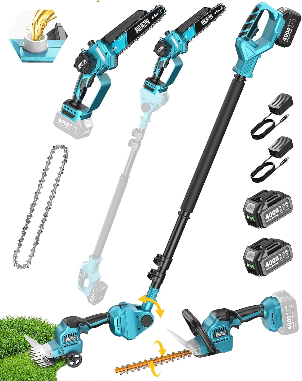 Cordless Hedge Trimmer Pole 2 In 1 - مجموعة منشار عمودي لاسلكي ومقص تقليم