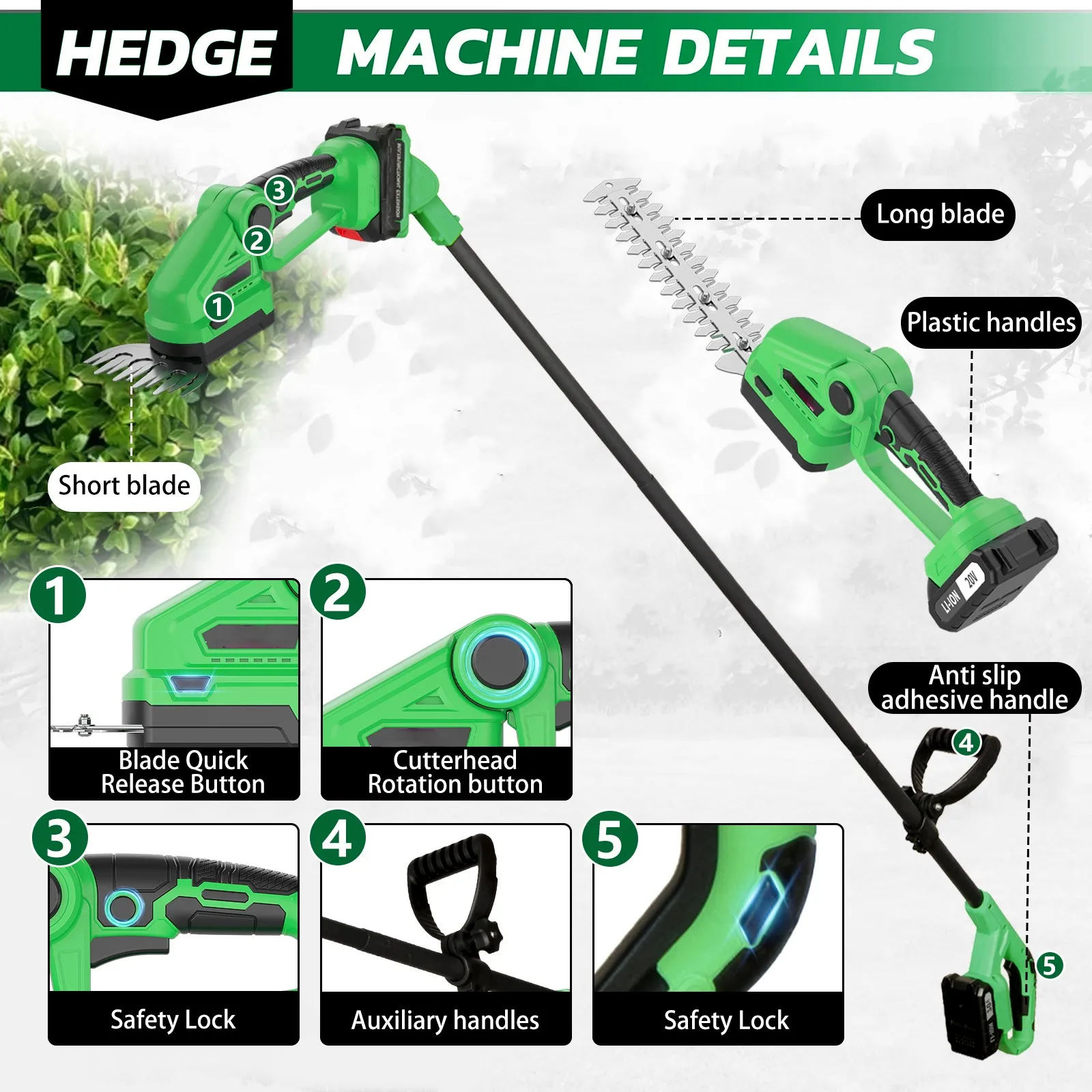 مقص سياج لاسلكي 20 فولت بعمود  - مراجعة Cordless Hedge Trimmer Pole 2 In 1 وسعره